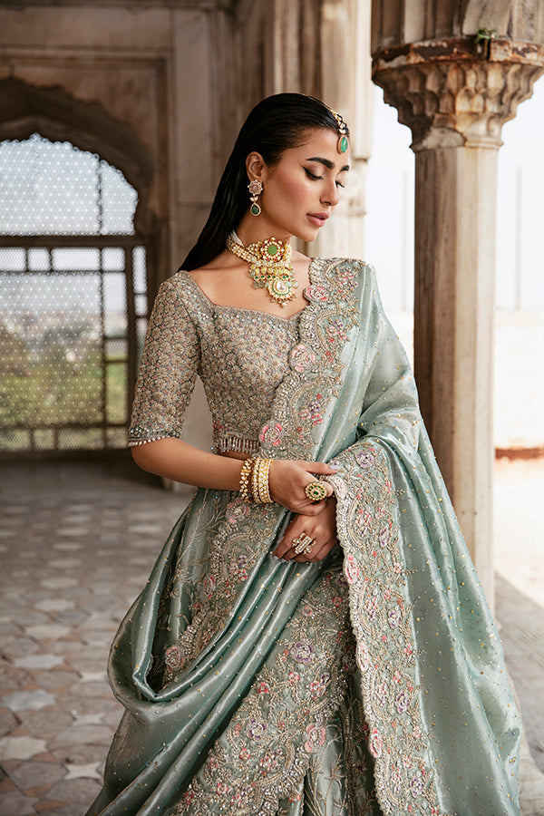 Pakistani Sage Green Embellished Net Bridal Lehenga (3-Piece) - Image 4