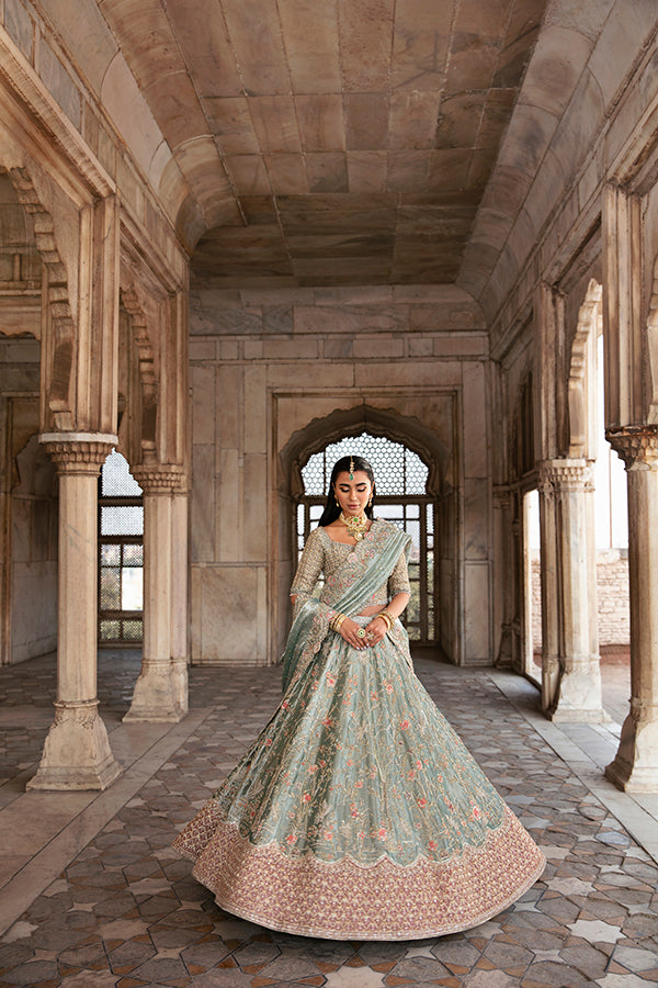 Pakistani Sage Green Embellished Net Bridal Lehenga (3-Piece) - Image 8