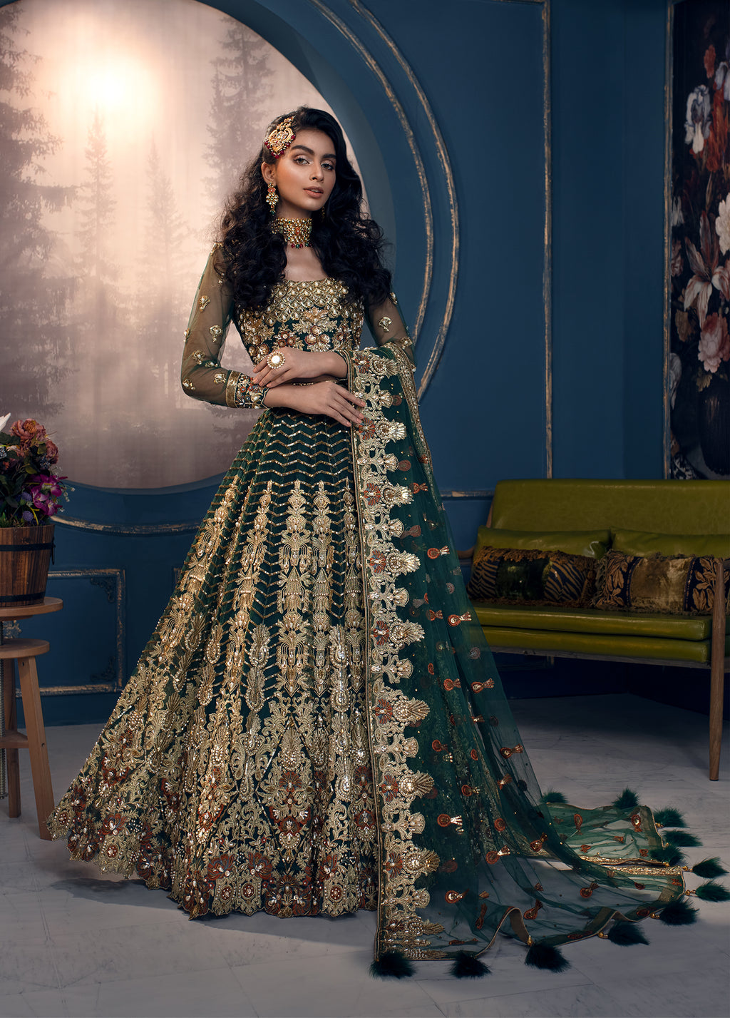Pakistani Emerald Green Hand-Embellished Net & Tissue Lehenga (3-Piece) - Image 1