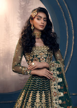 Pakistani Emerald Green Hand-Embellished Net & Tissue Lehenga (3-Piece) - Image 3