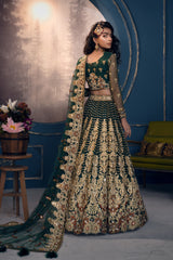 Pakistani Emerald Green Hand-Embellished Net & Tissue Lehenga (3-Piece) - Image 4