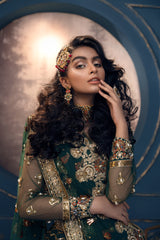 Pakistani Emerald Green Hand-Embellished Net & Tissue Lehenga (3-Piece) - Image 6