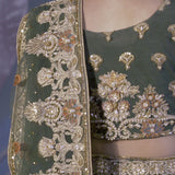 Pakistani Emerald Green Hand-Embellished Net & Tissue Lehenga (3-Piece) - Image 7