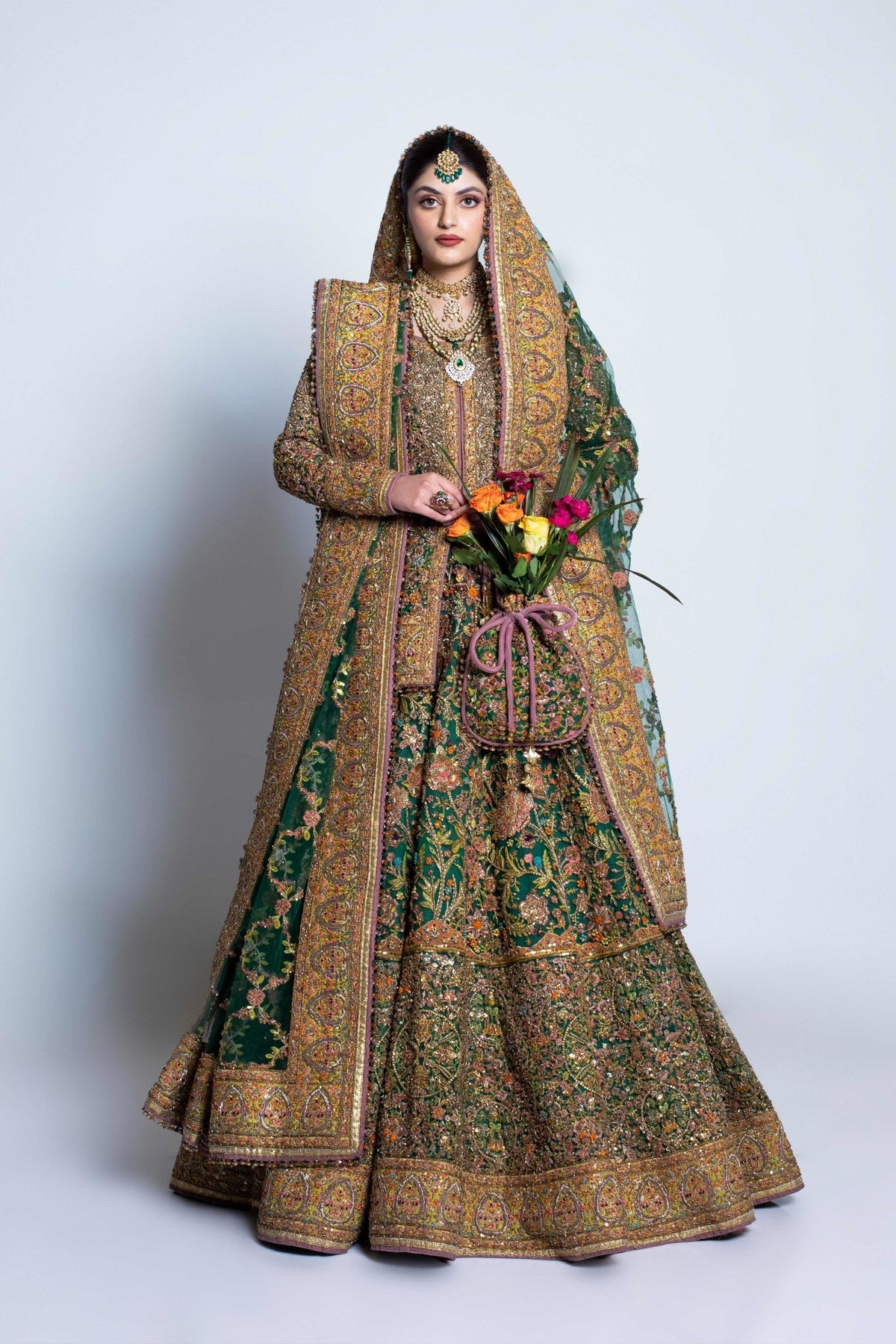 Pakistani Deep Green Embroidered Net Lehnga Choli (3-Piece) - Image 1