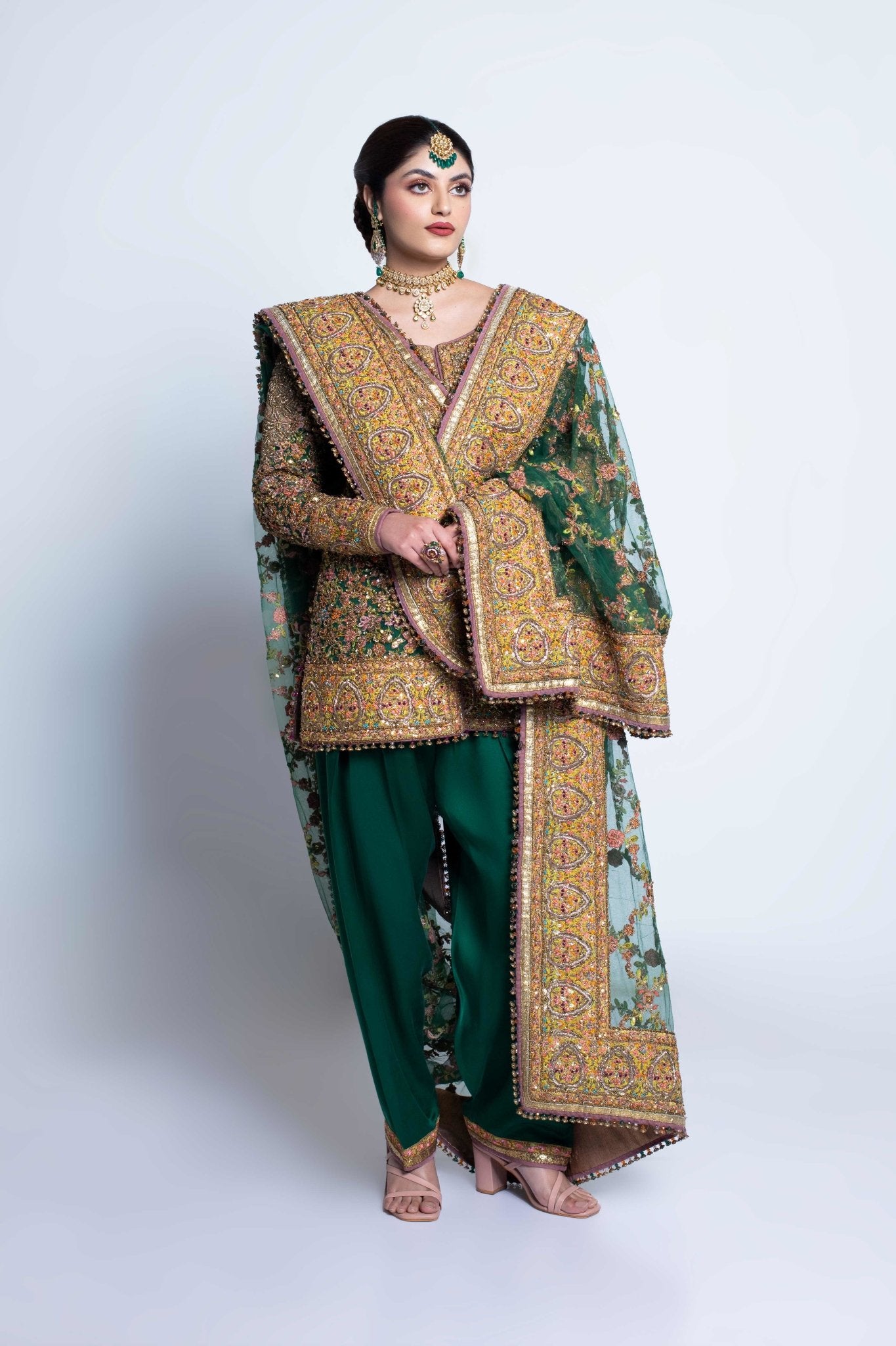 Pakistani Deep Green Embroidered Net Lehnga Choli (3-Piece) - Image 10