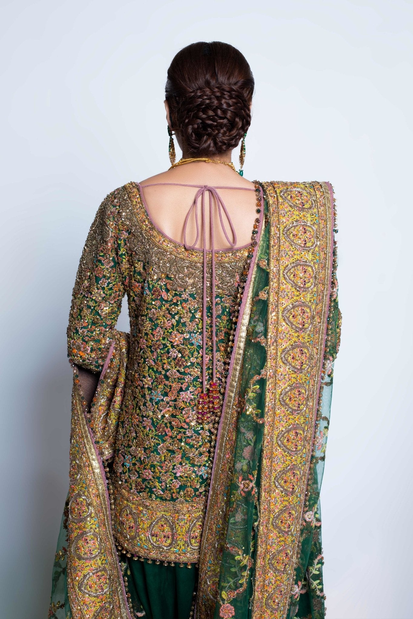 Pakistani Deep Green Embroidered Net Lehnga Choli (3-Piece) - Image 12