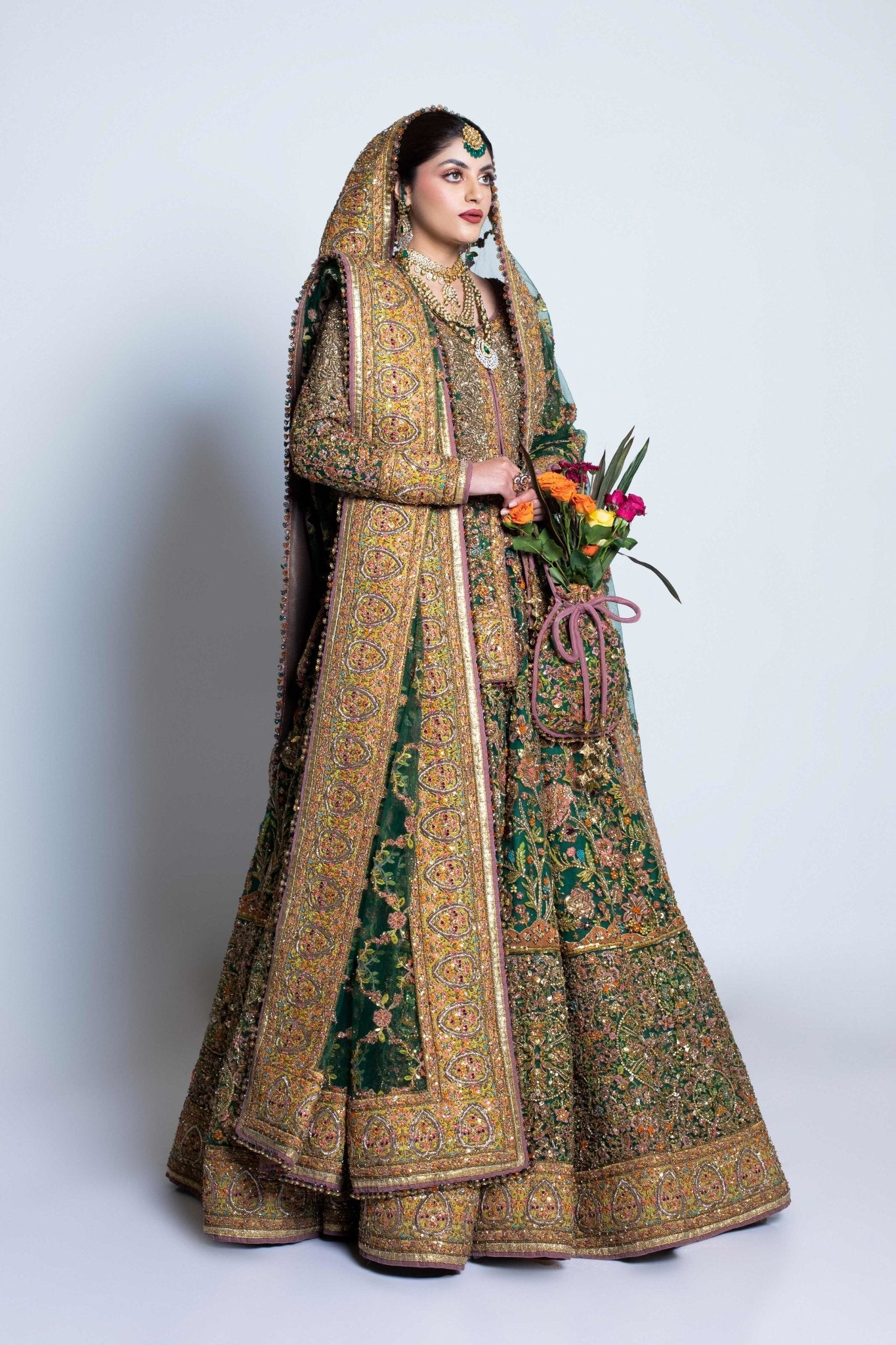 Pakistani Deep Green Embroidered Net Lehnga Choli (3-Piece) - Image 13