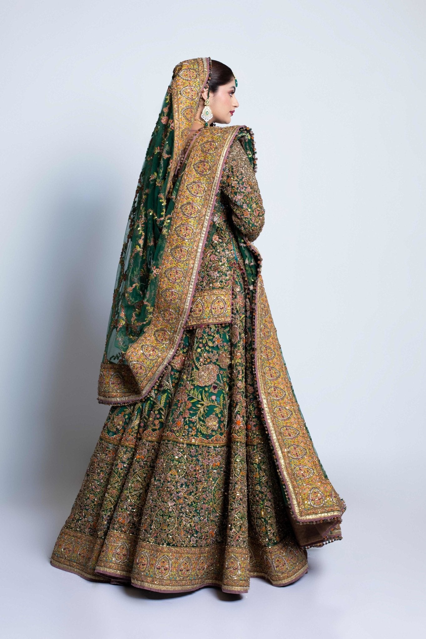 Pakistani Deep Green Embroidered Net Lehnga Choli (3-Piece) - Image 14