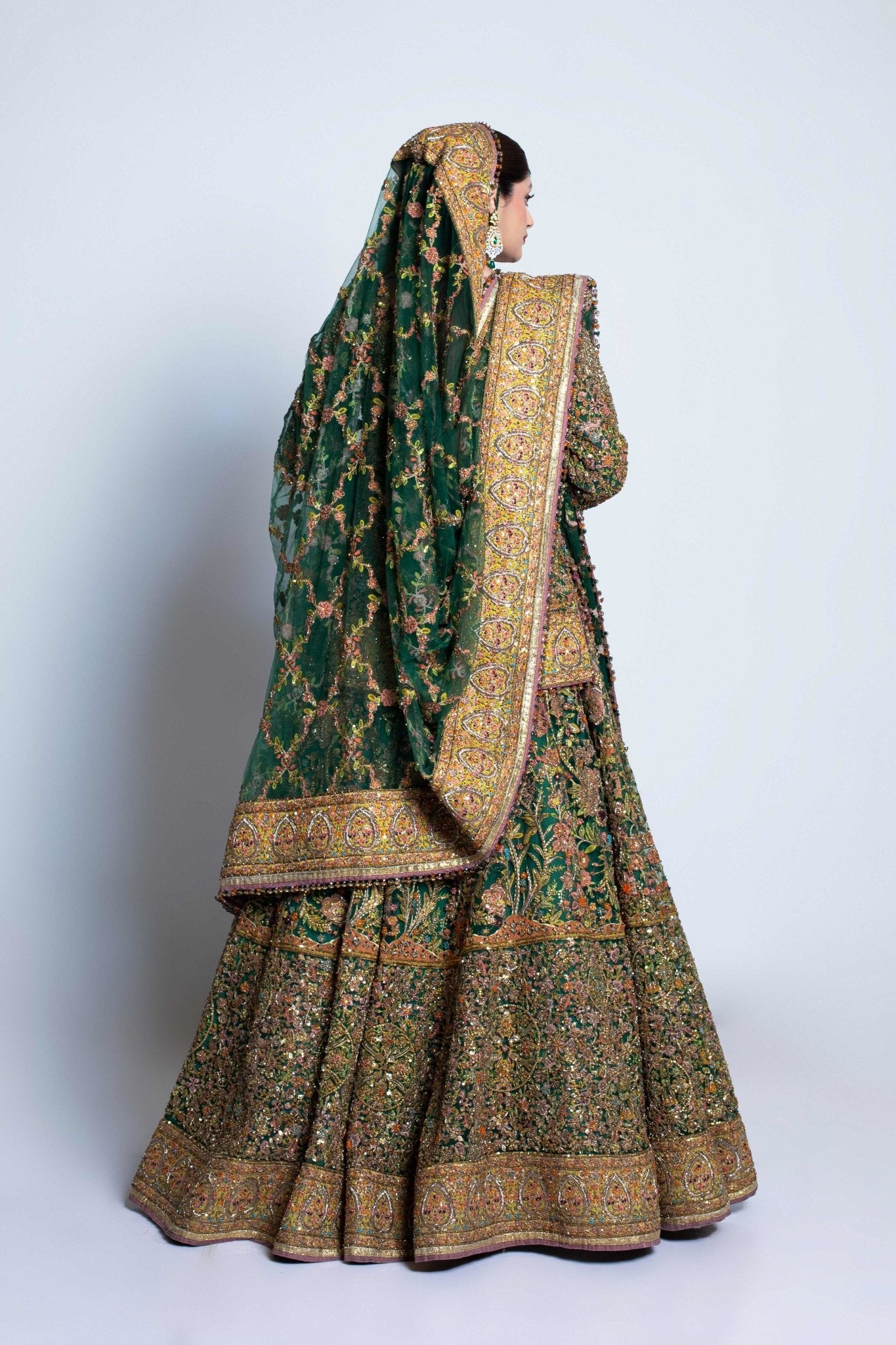 Pakistani Deep Green Embroidered Net Lehnga Choli (3-Piece) - Image 15