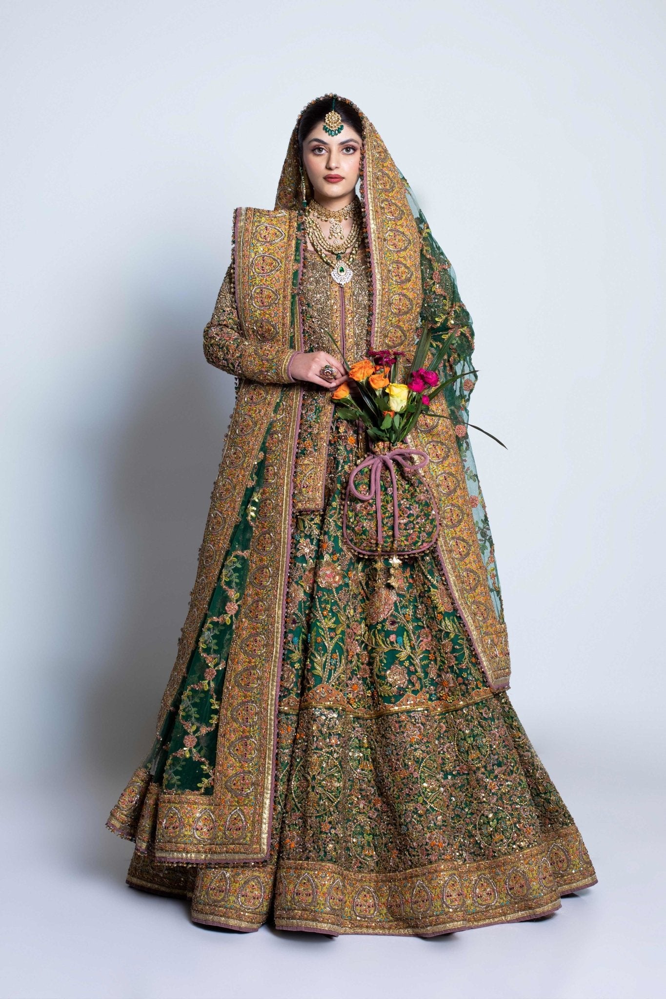 Pakistani Deep Green Embroidered Net Lehnga Choli (3-Piece) - Image 2
