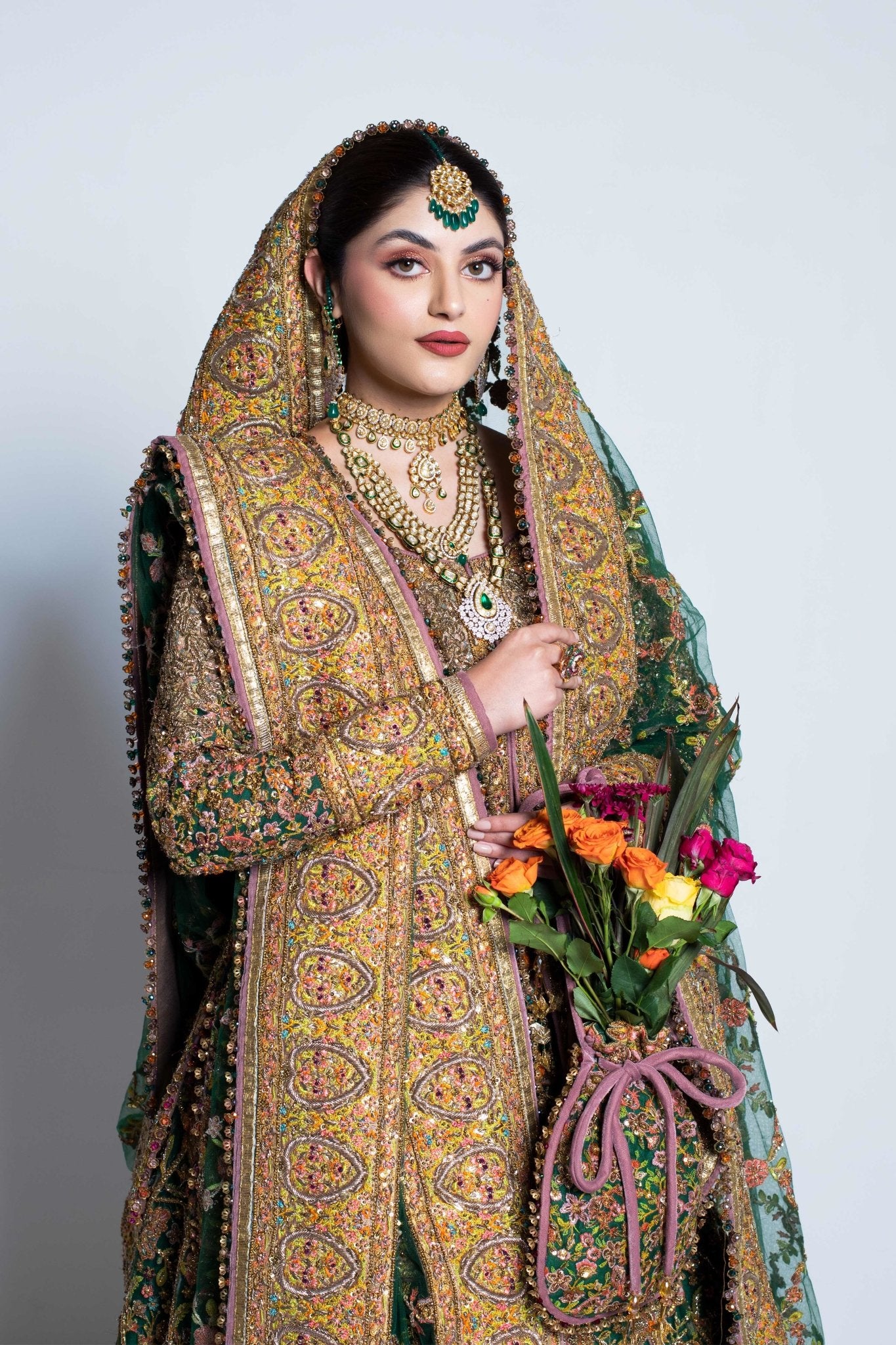 Pakistani Deep Green Embroidered Net Lehnga Choli (3-Piece) - Image 6