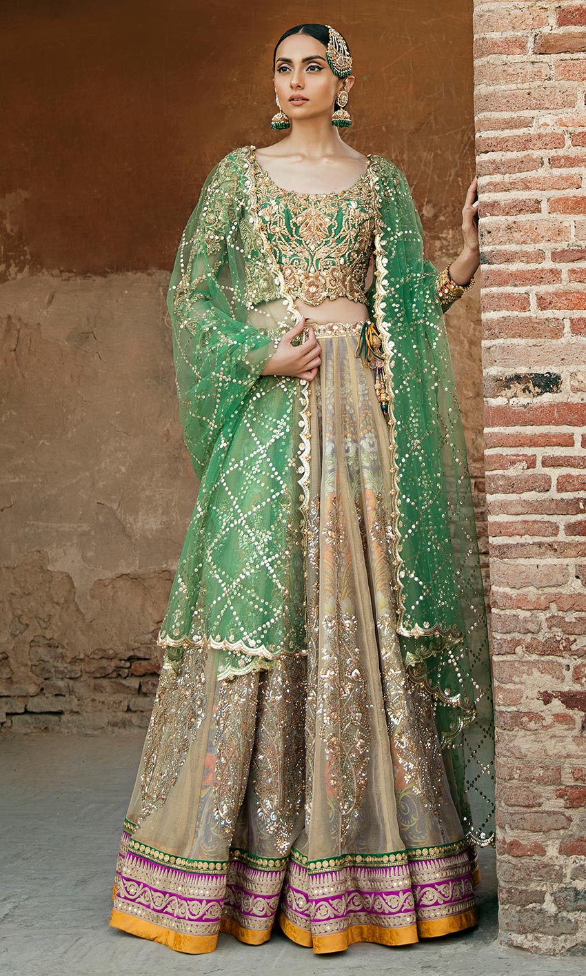 Green Gold Embroidered Net Lehenga Choli (3-Piece) - Image 1