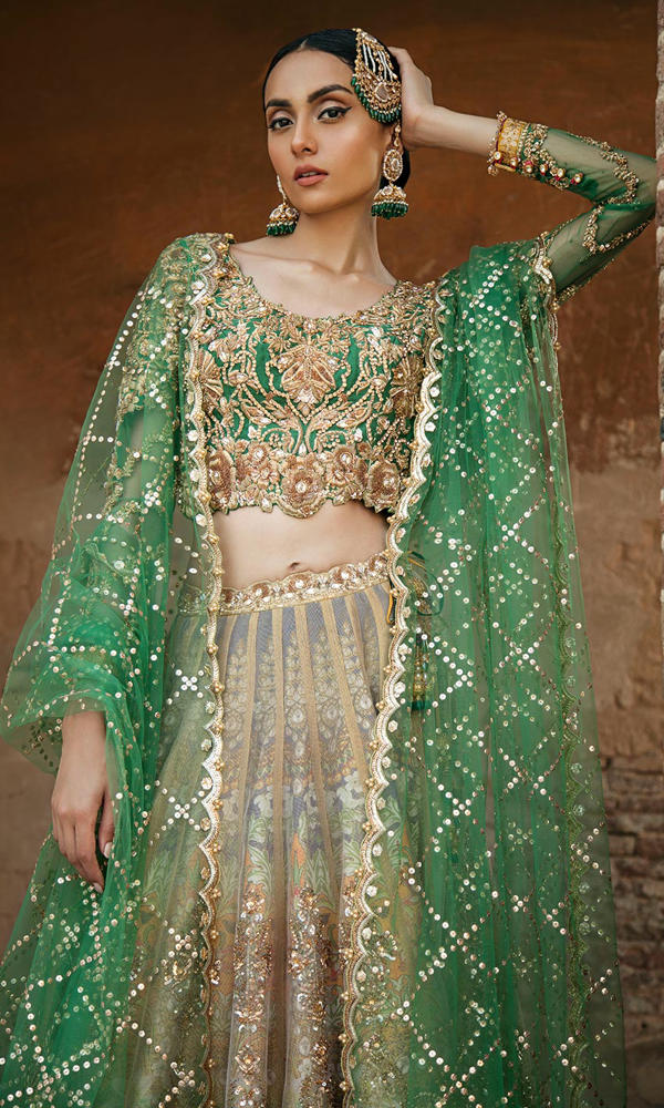 Green Gold Embroidered Net Lehenga Choli (3-Piece) - Image 3