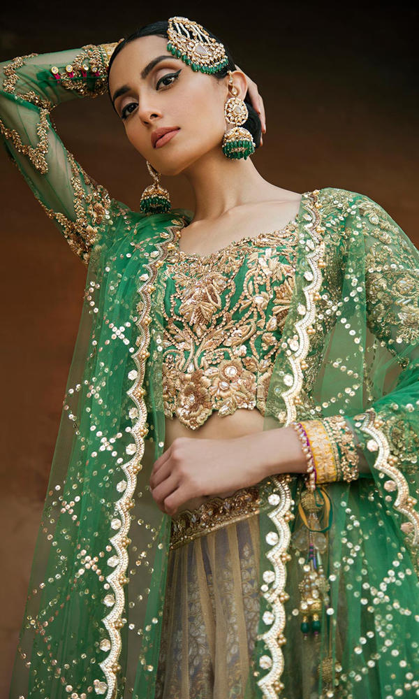 Green Gold Embroidered Net Lehenga Choli (3-Piece) - Image 4