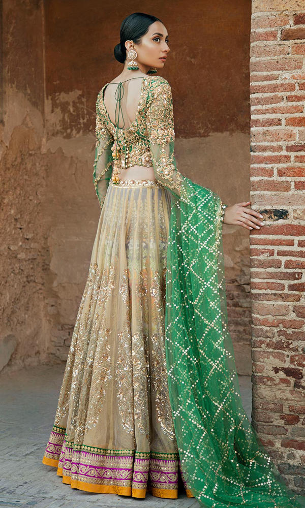 Green Gold Embroidered Net Lehenga Choli (3-Piece) - Image 5