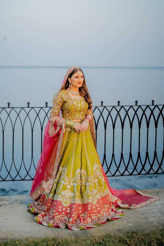 Pakistani Lime Green Embellished Net Bridal Lehenga (3-Piece) - Image 2