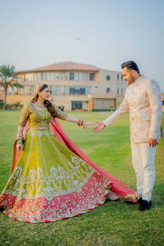 Pakistani Lime Green Embellished Net Bridal Lehenga (3-Piece) - Image 3