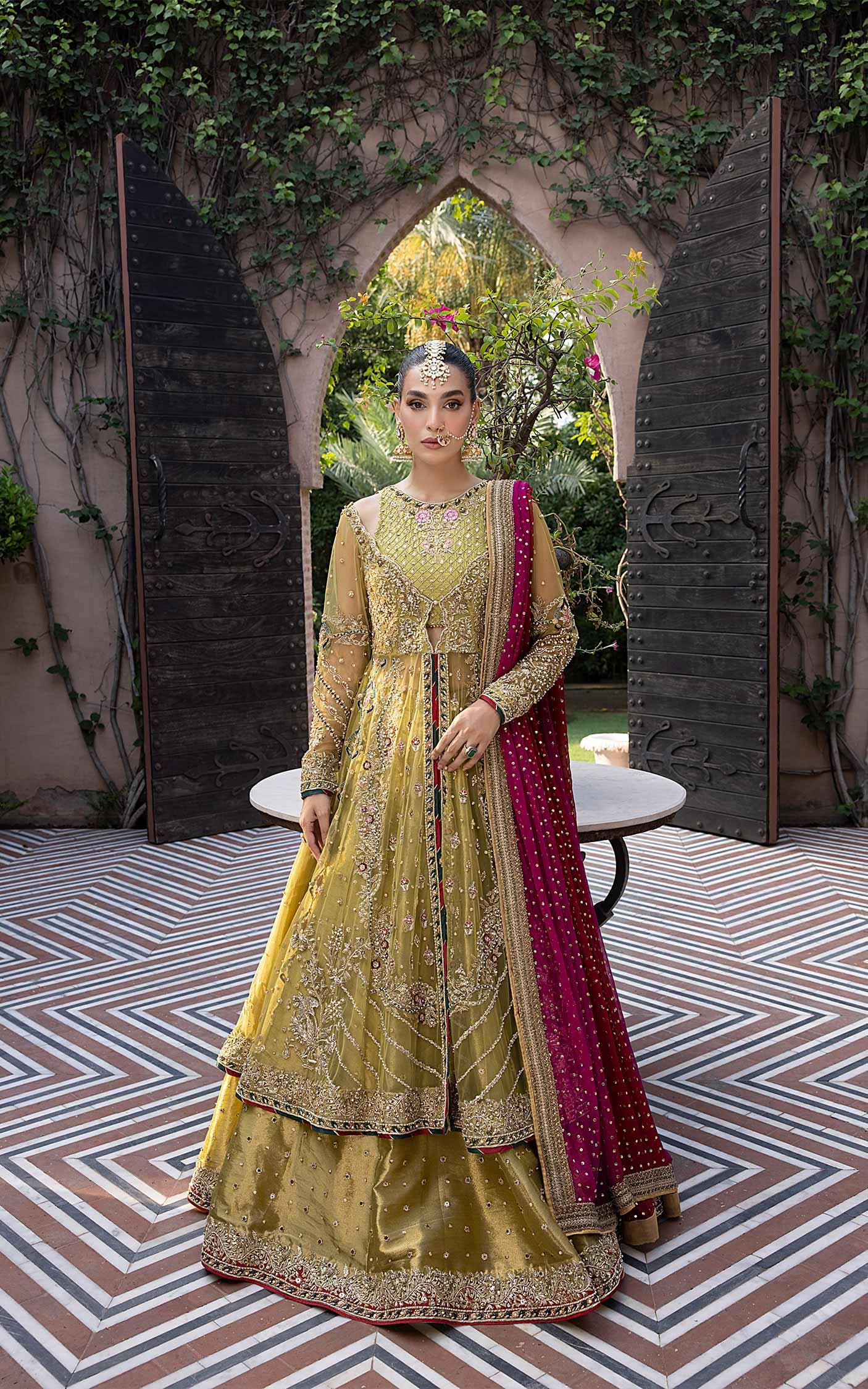 Olive Magenta Embellished Net Bridal Lehenga (3-Piece) - Image 1