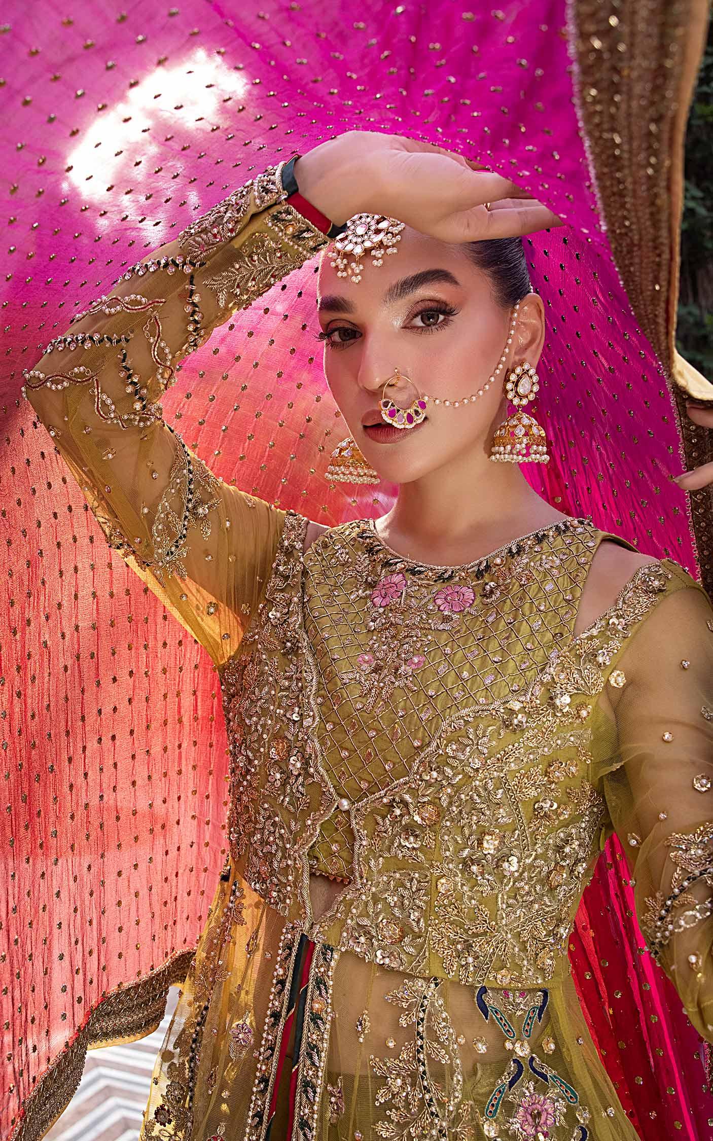 Olive Magenta Embellished Net Bridal Lehenga (3-Piece) - Image 10