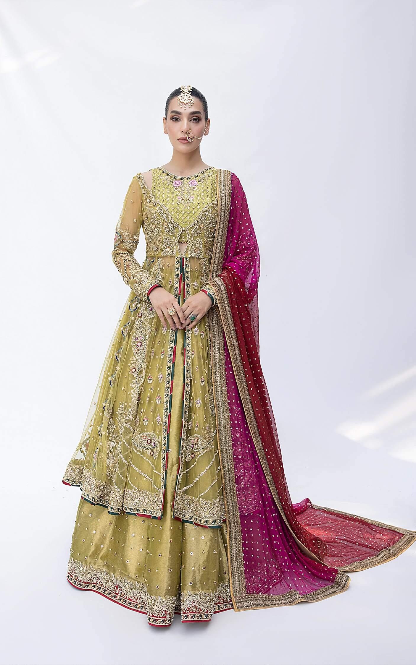 Olive Magenta Embellished Net Bridal Lehenga (3-Piece) - Image 11