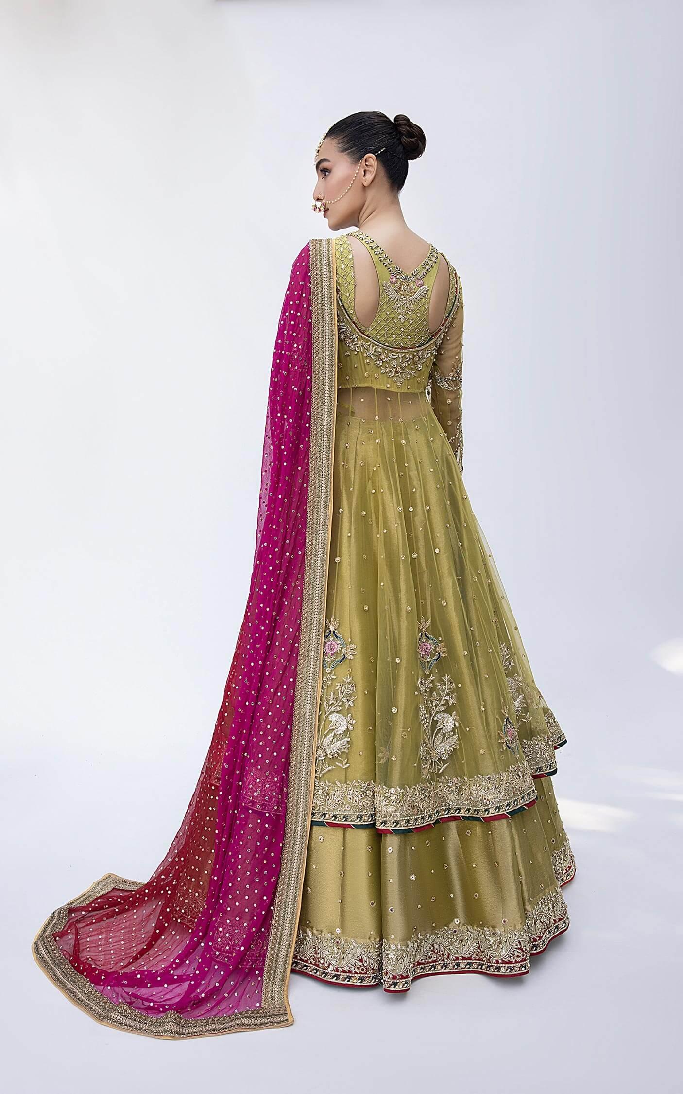 Olive Magenta Embellished Net Bridal Lehenga (3-Piece) - Image 12