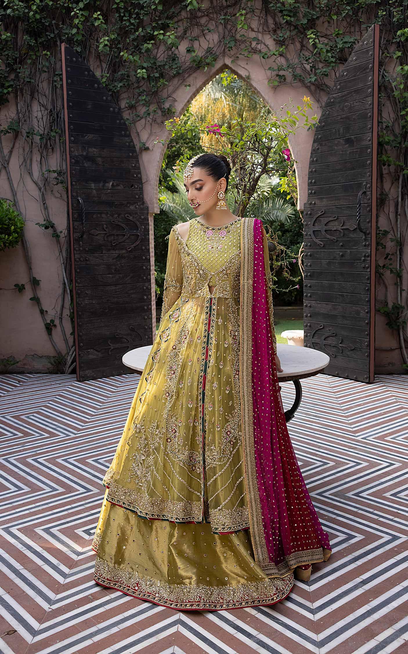 Olive Magenta Embellished Net Bridal Lehenga (3-Piece) - Image 2