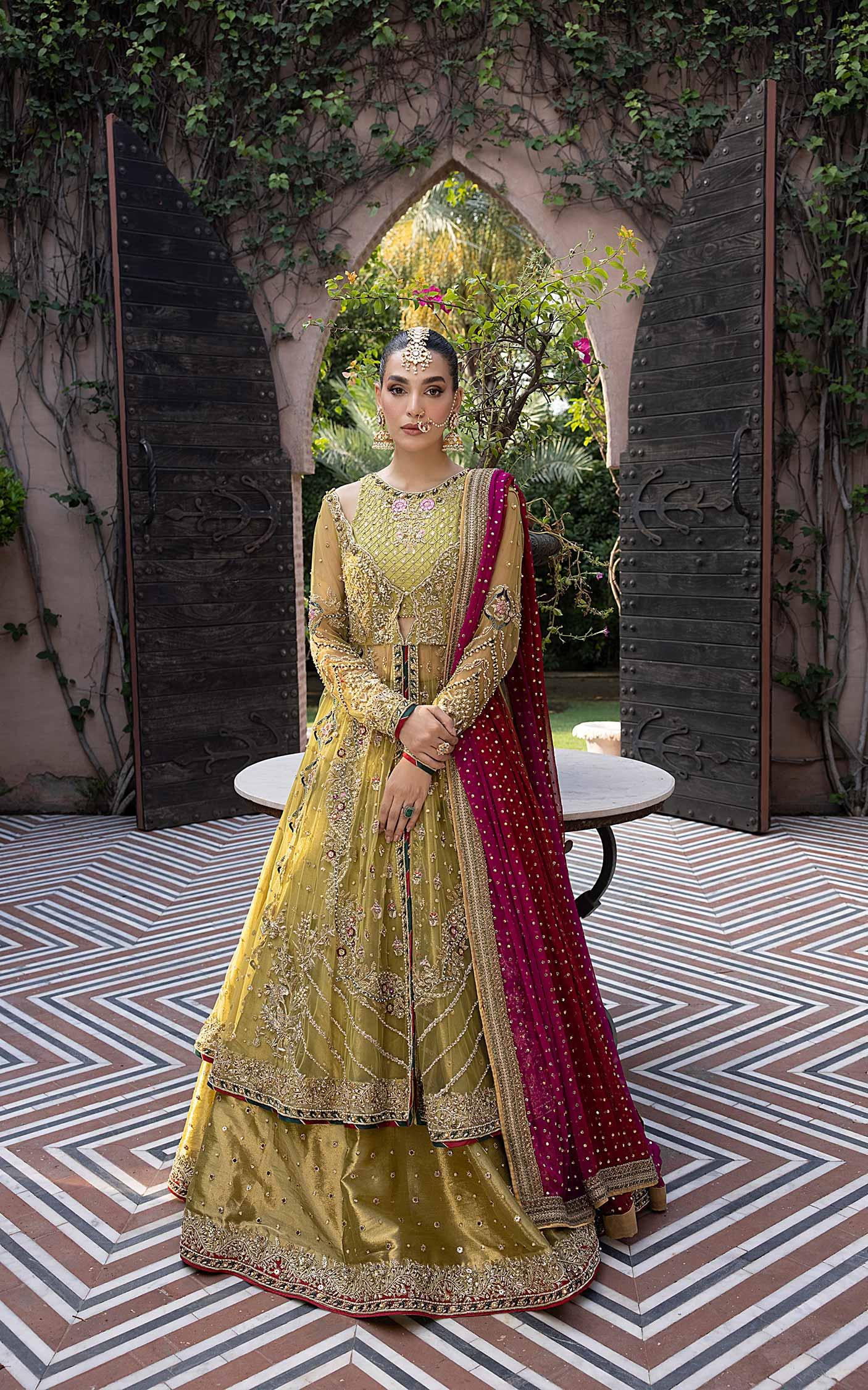 Olive Magenta Embellished Net Bridal Lehenga (3-Piece) - Image 3