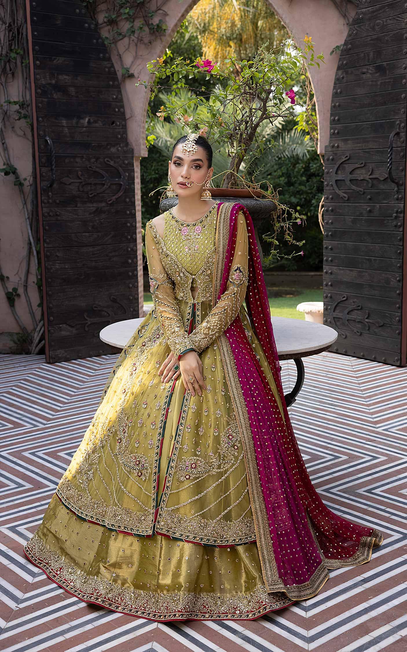 Olive Magenta Embellished Net Bridal Lehenga (3-Piece) - Image 4