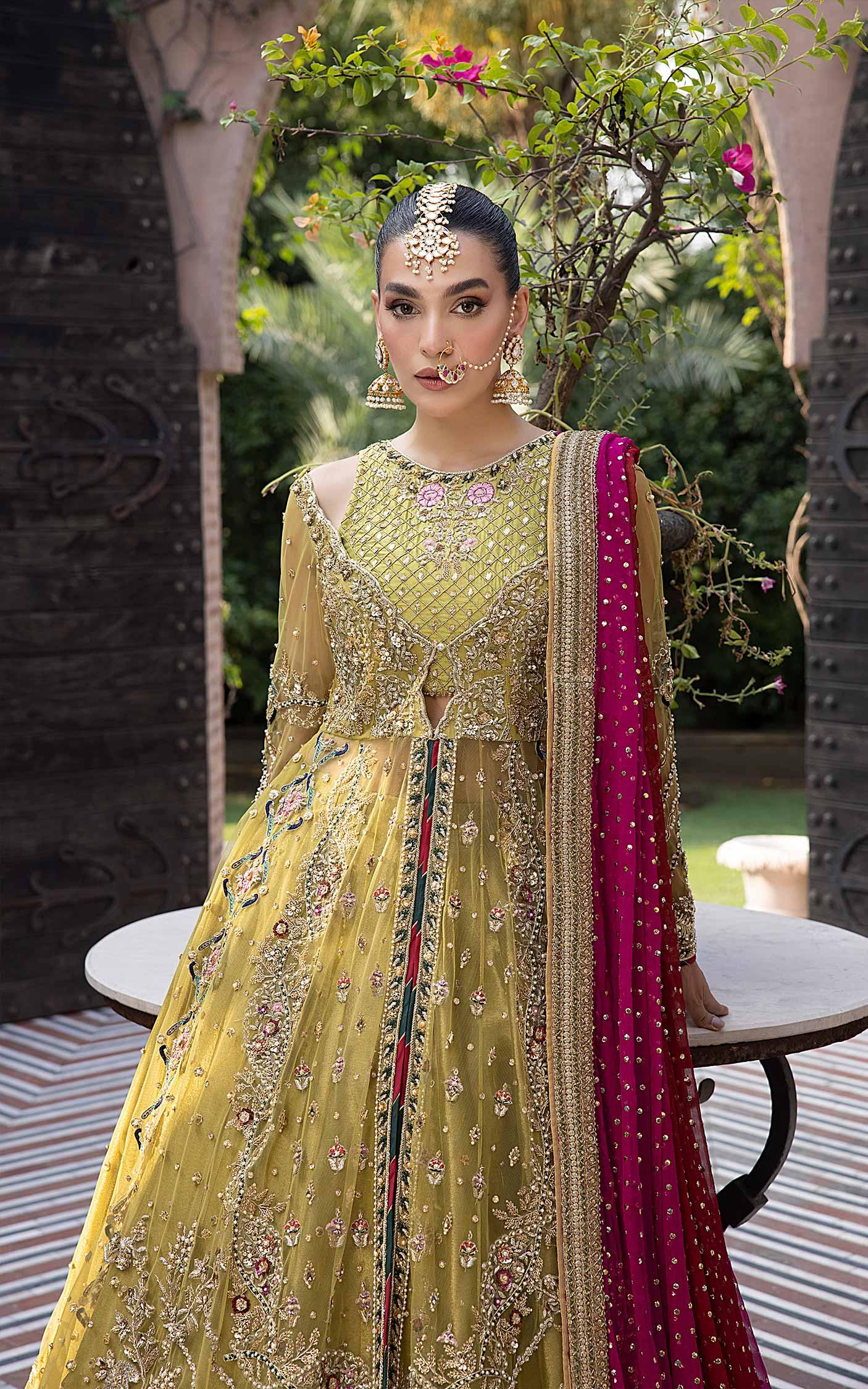 Olive Magenta Embellished Net Bridal Lehenga (3-Piece) - Image 5