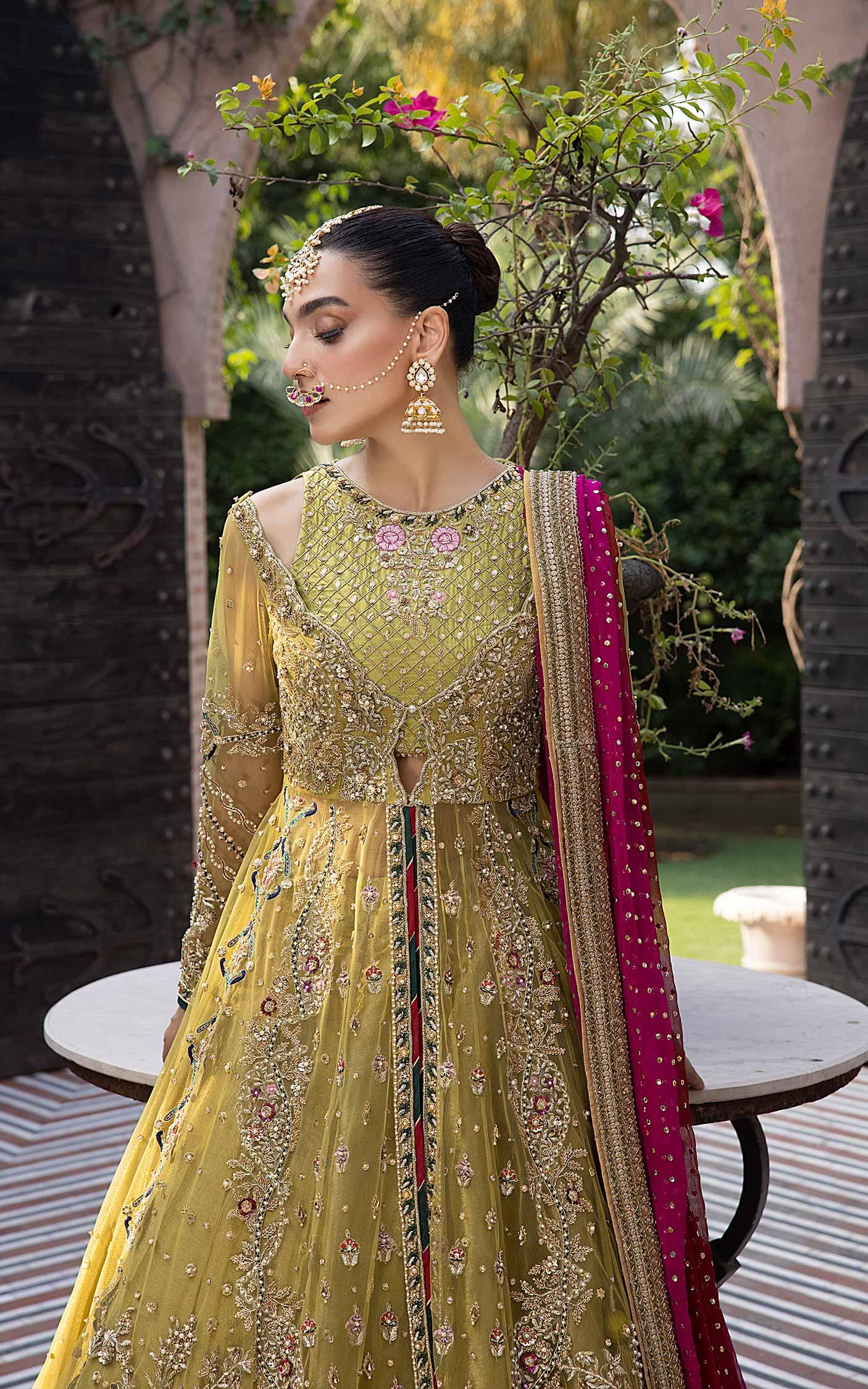 Olive Magenta Embellished Net Bridal Lehenga (3-Piece) - Image 7