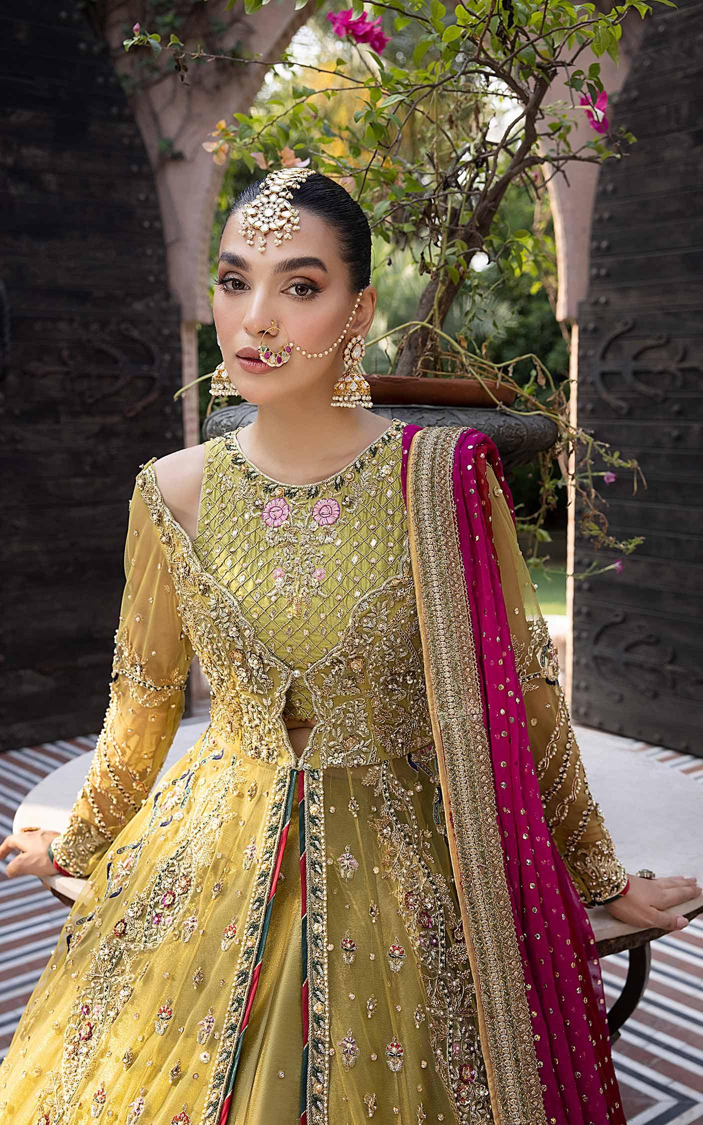 Olive Magenta Embellished Net Bridal Lehenga (3-Piece) - Image 8