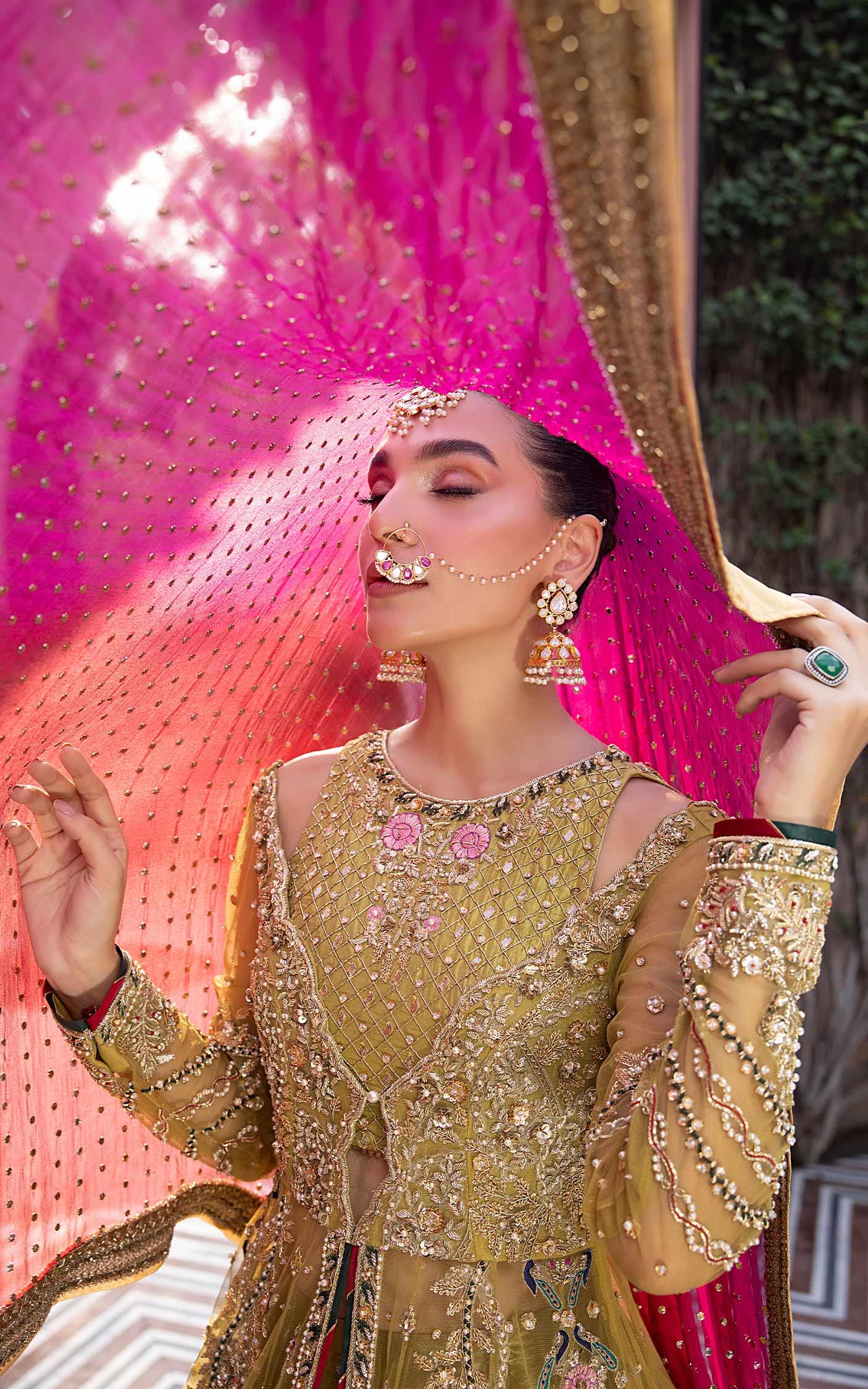 Olive Magenta Embellished Net Bridal Lehenga (3-Piece) - Image 9