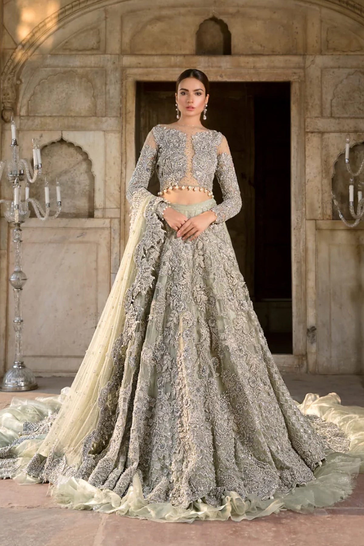 Pakistani Mint Green Embellished Net Organza Bridal Lehenga (3-Piece) - Image 1