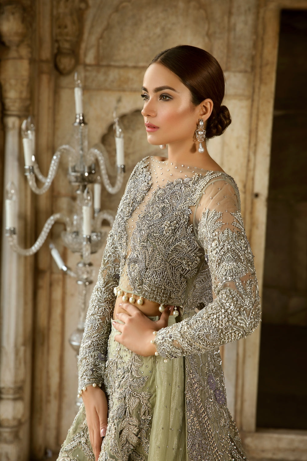 Pakistani Mint Green Embellished Net Organza Bridal Lehenga (3-Piece) - Image 4