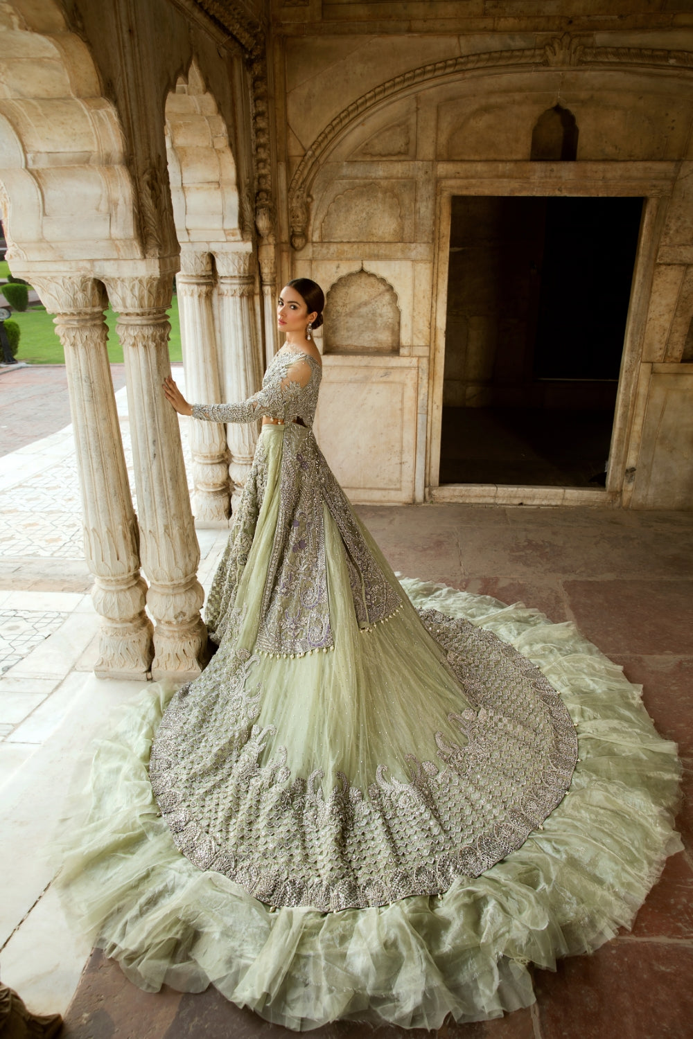 Pakistani Mint Green Embellished Net Organza Bridal Lehenga (3-Piece) - Image 6