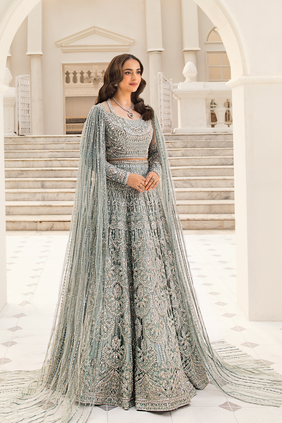 Mint Green Zardozi Net Lehenga Choli (3-Piece) - Image 3