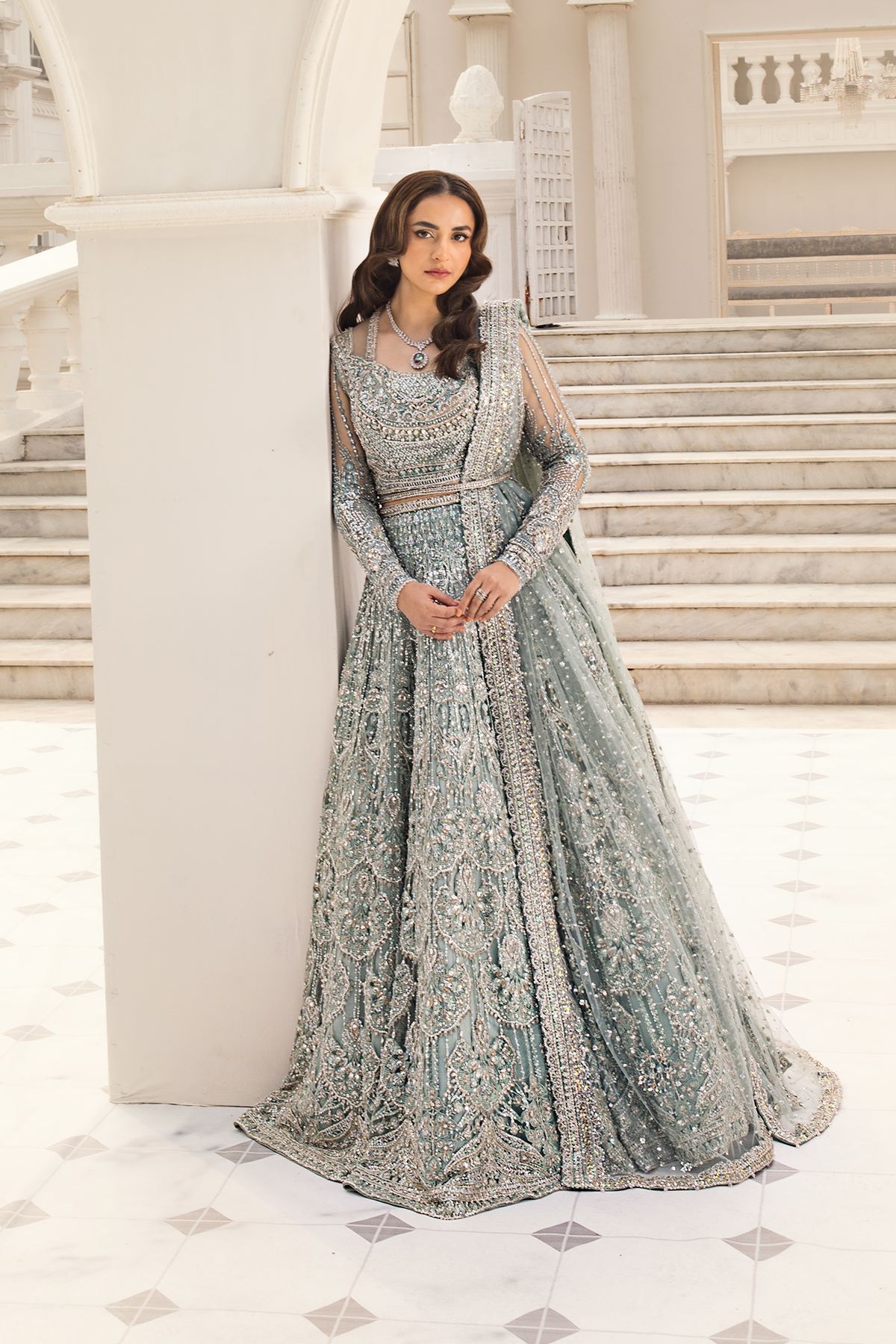 Mint Green Zardozi Net Lehenga Choli (3-Piece) - Image 6