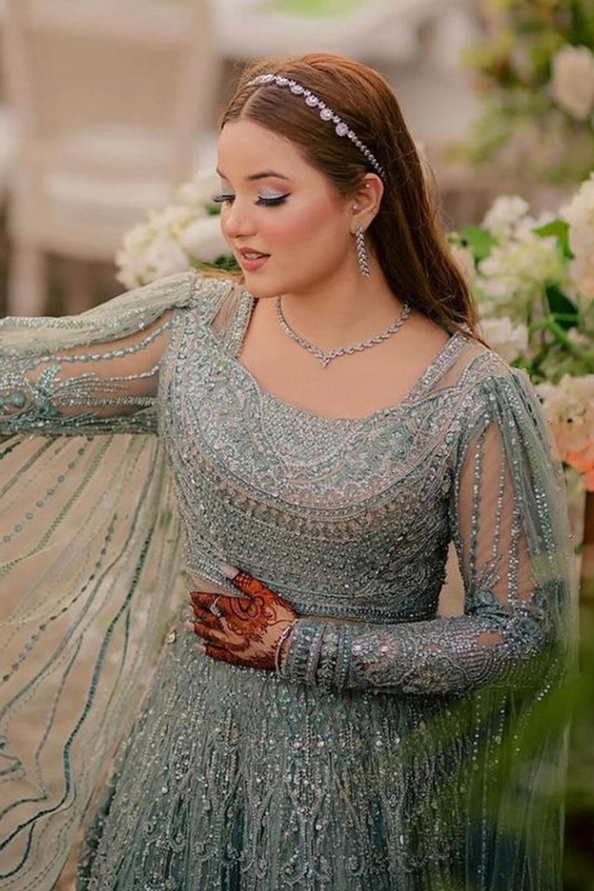 Mint Green Zardozi Net Lehenga Choli (3-Piece) - Image 1