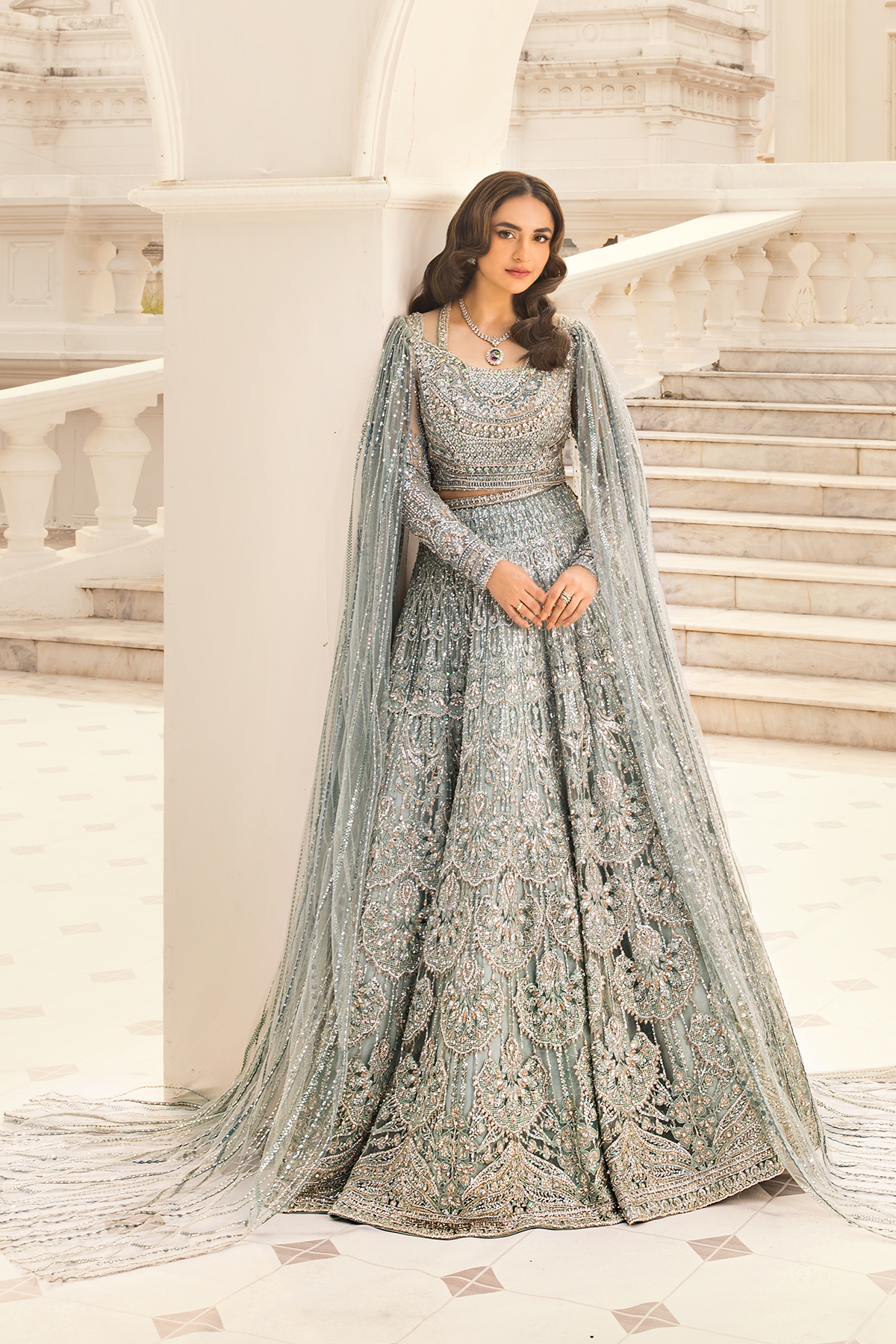 Mint Green Zardozi Net Lehenga Choli (3-Piece) - Image 4