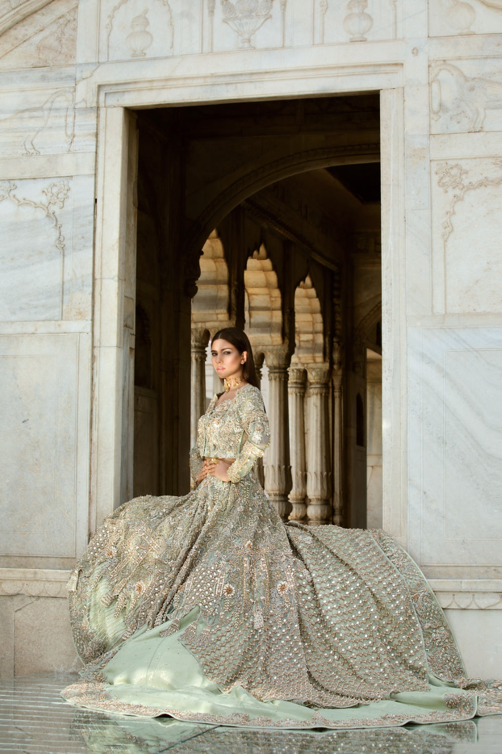 Pistachio Green Embellished Net Bridal Lehenga (3-Piece) - Image 7