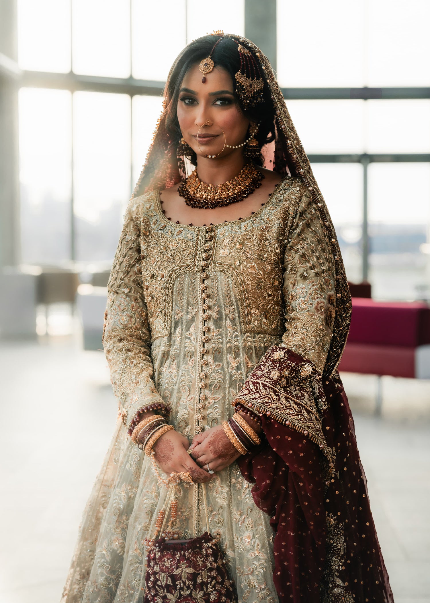 Pakistani Sage Green Maroon Embellished Net Bridal Lehenga (3-Piece) - Image 1