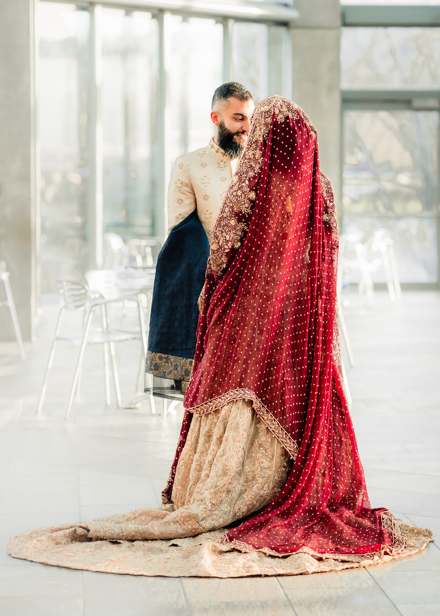 Pakistani Sage Green Maroon Embellished Net Bridal Lehenga (3-Piece) - Image 2