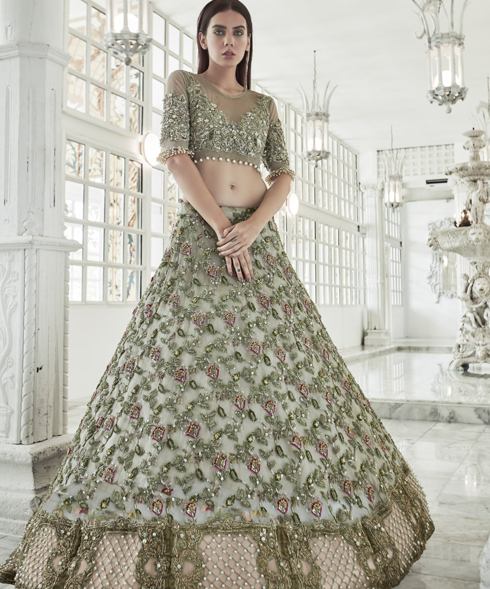 Sage Green Zardozi Net Lehenga Choli (3-Piece) - Image 1