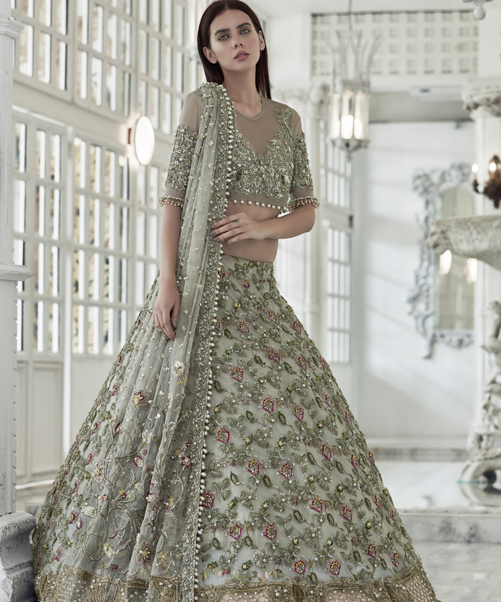 Sage Green Zardozi Net Lehenga Choli (3-Piece) - Image 3