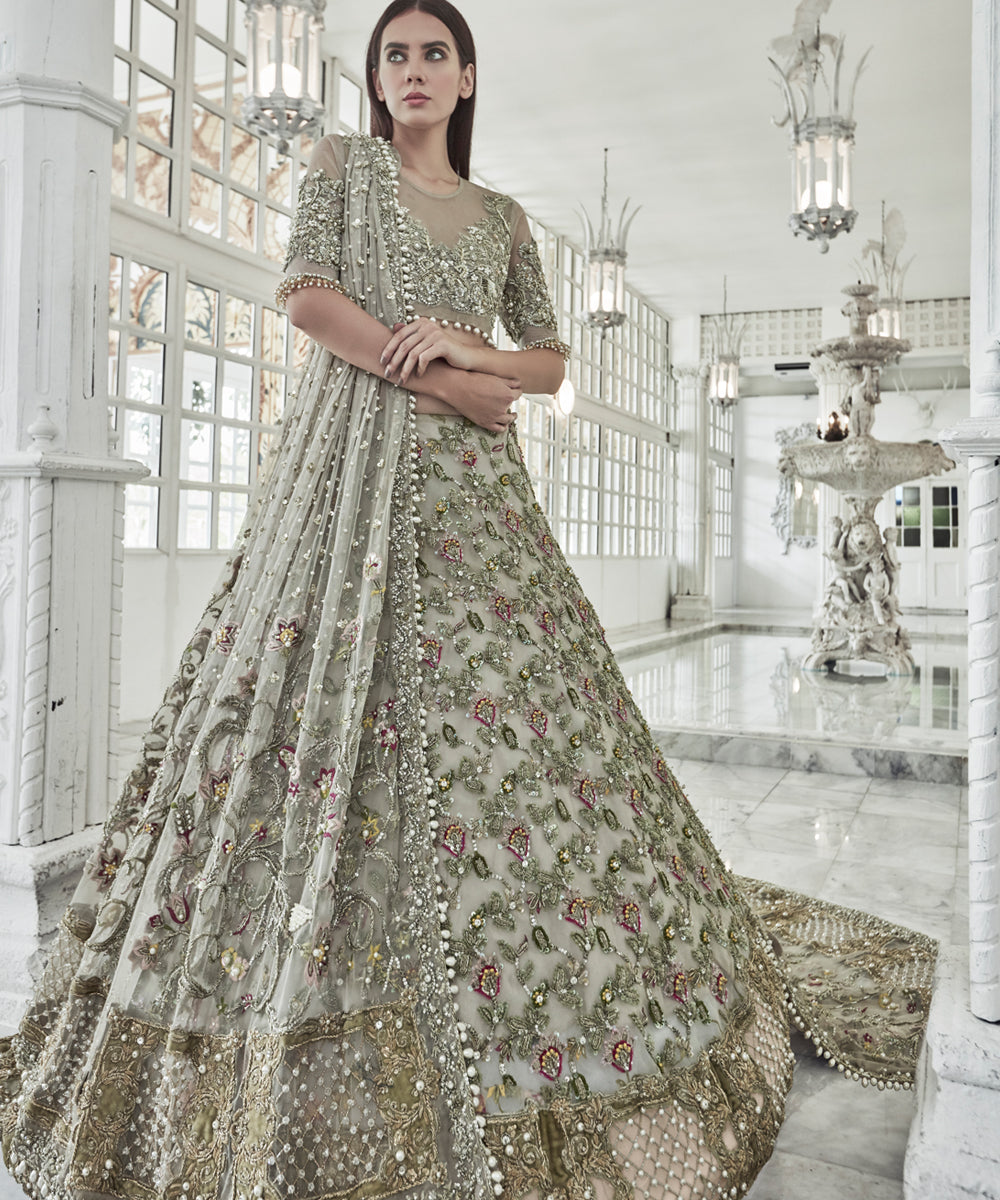 Sage Green Zardozi Net Lehenga Choli (3-Piece) - Image 4