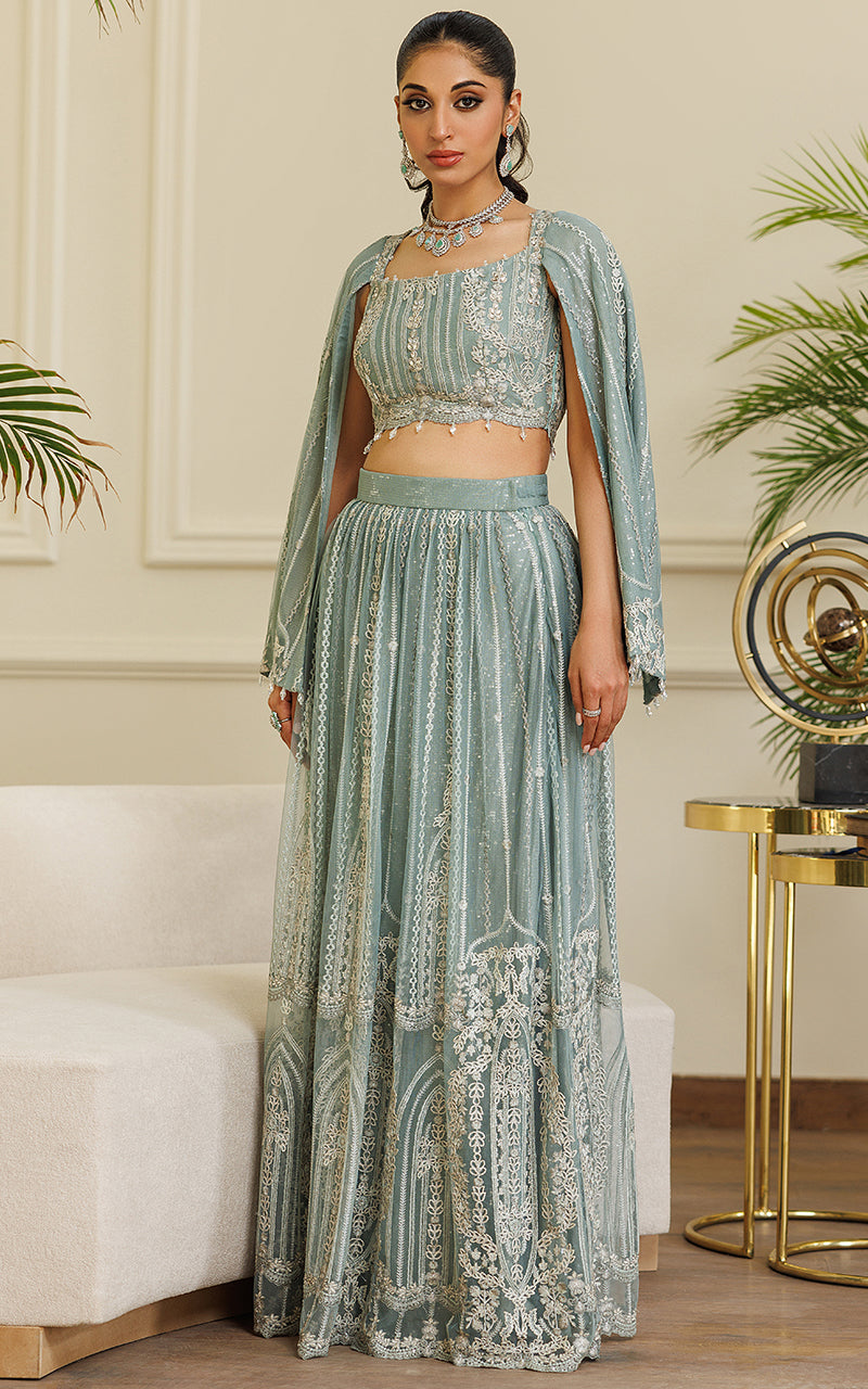 Pakistani Seafoam Embroidered Net Lehenga Set (2-Piece) - Image 1
