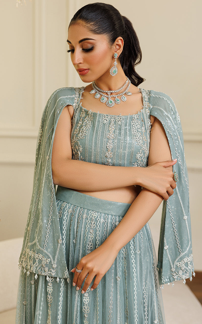 Pakistani Seafoam Embroidered Net Lehenga Set (2-Piece) - Image 5