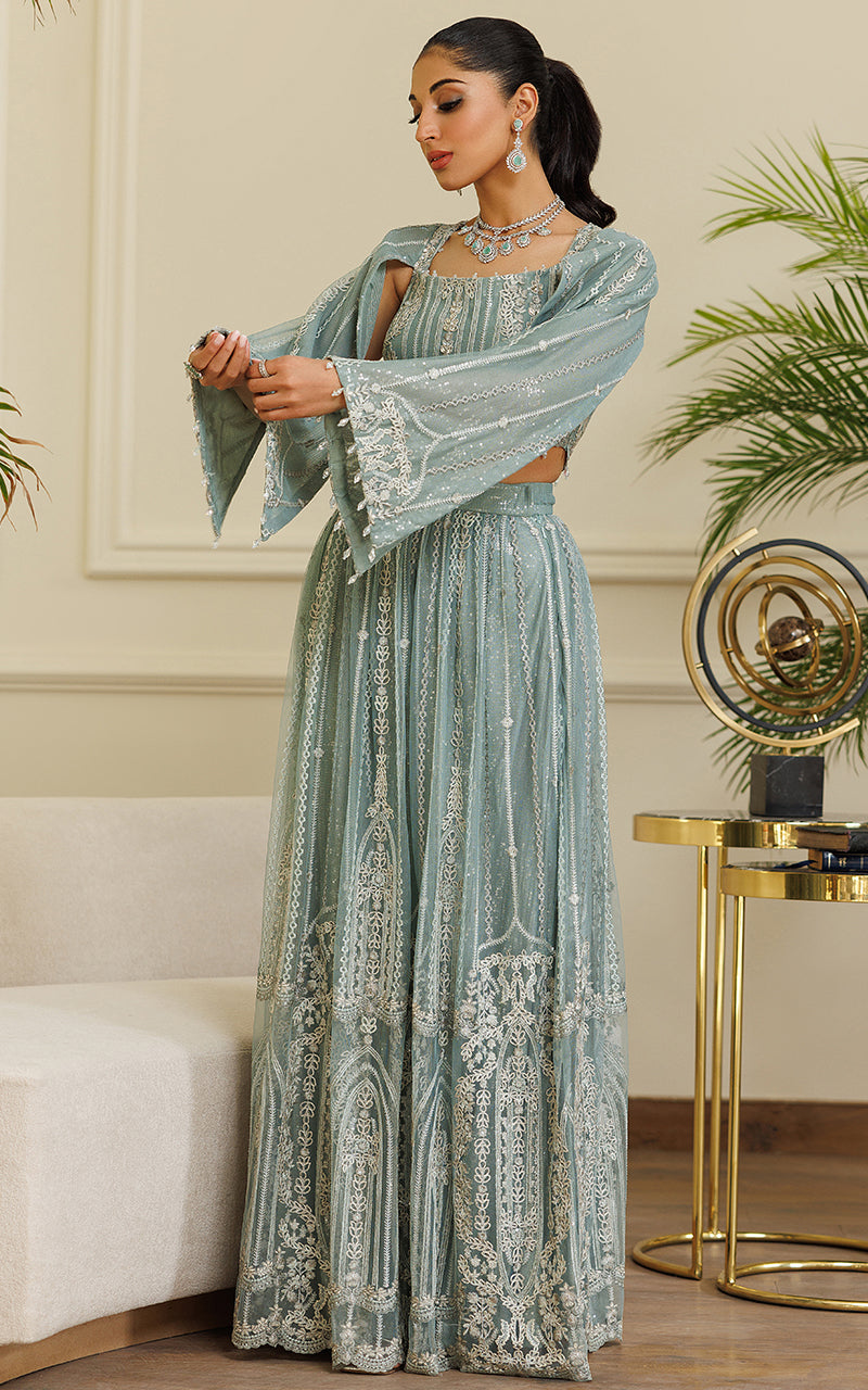 Pakistani Seafoam Embroidered Net Lehenga Set (2-Piece) - Image 6