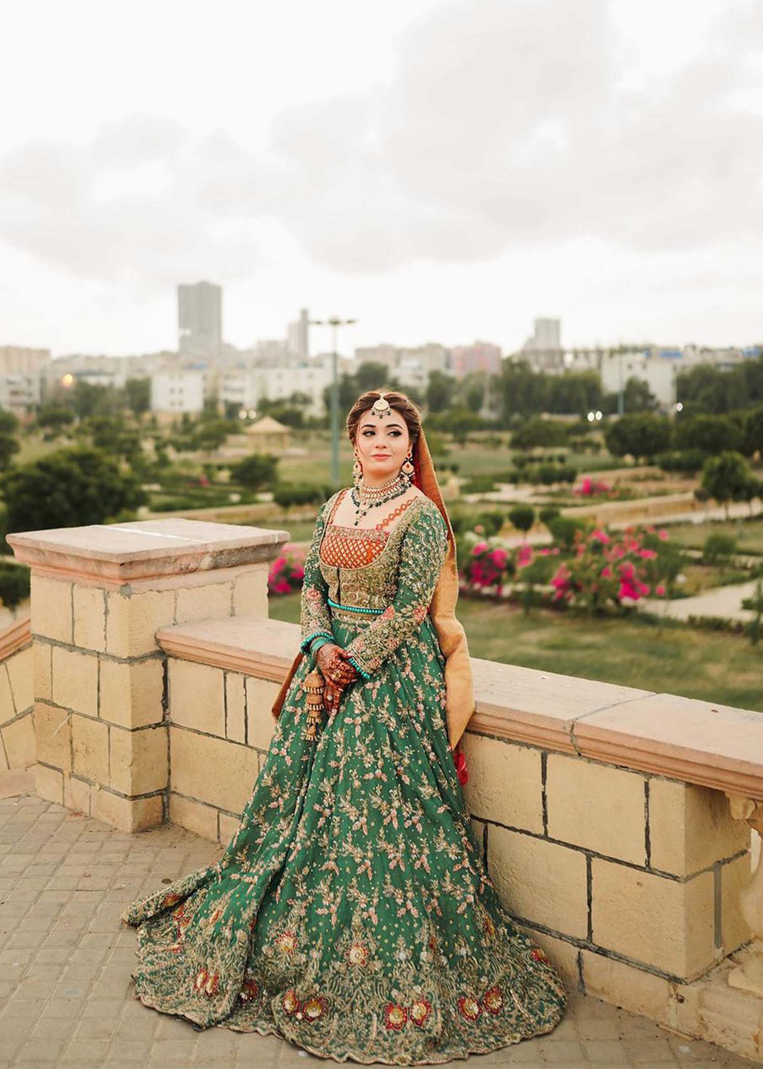 Emerald Green Embroidered Net Bridal Lehenga (3-Piece) - Image 1