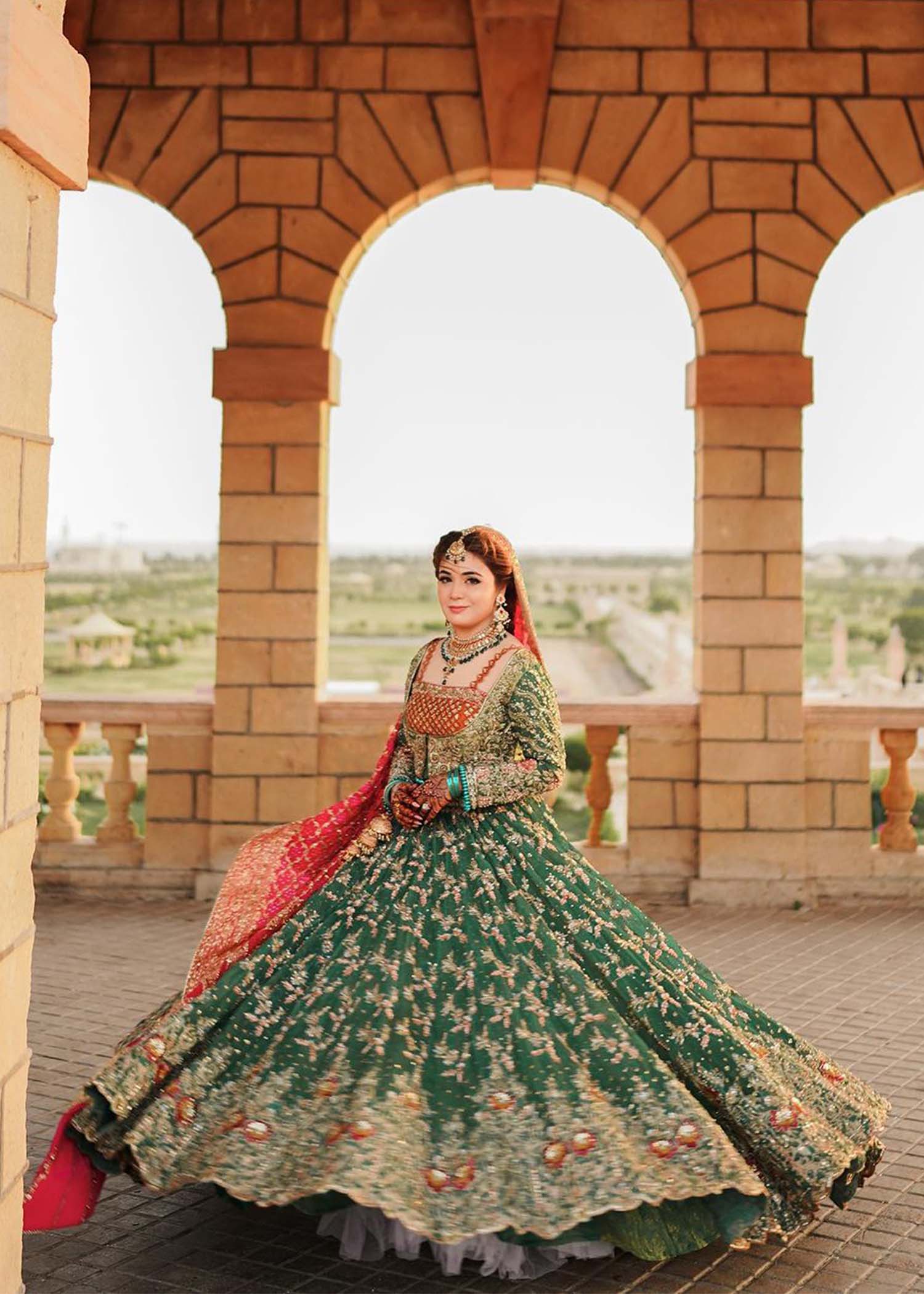 Emerald Green Embroidered Net Bridal Lehenga (3-Piece) - Image 2